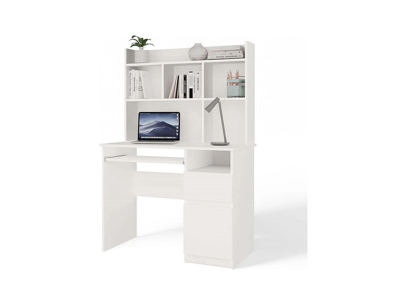 PORTO DROIT - Bureau 98×51×145 cm 3 tiroirs et rayons avec étagère supérieure pour bureau / chambre - Blanc