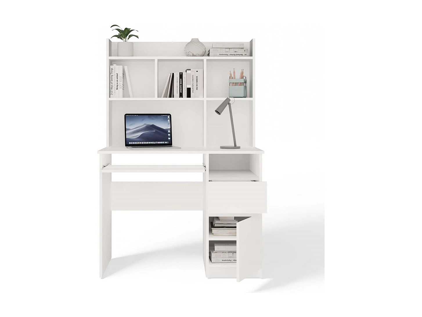 PORTO DROIT - Bureau 98×51×145 cm 3 tiroirs et rayons avec étagère supérieure pour bureau / chambre - Blanc