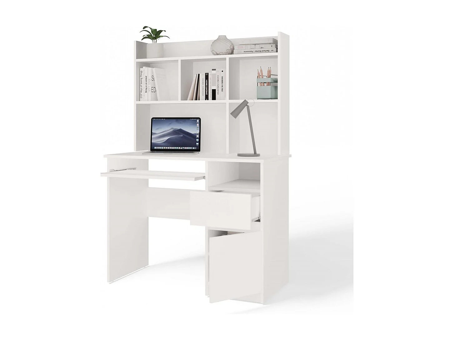 PORTO DROIT - Bureau 98×51×145 cm 3 tiroirs et rayons avec étagère supérieure pour bureau / chambre - Blanc