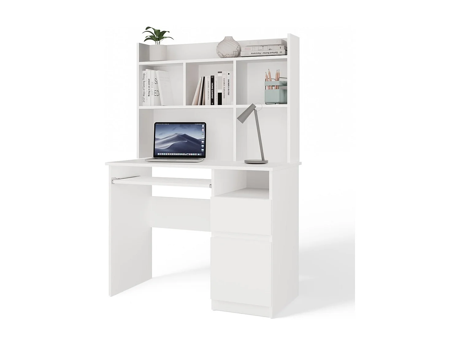 PORTO DESTRA - Scrivania 98×51×145 cm con 3 cassetti e ripiani, con mensola superiore per ufficio / camera da letto - Bianco