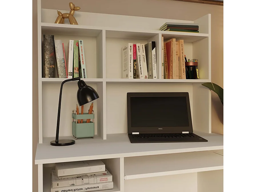 PORTO DESTRA - Scrivania 98×51×145 cm con 3 cassetti e ripiani, con mensola superiore per ufficio / camera da letto - Bianco