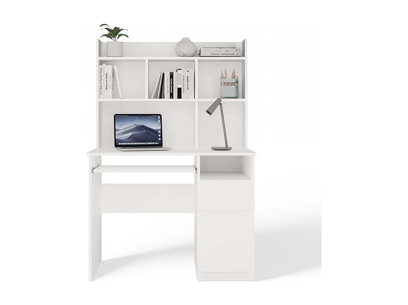 PORTO DESTRA - Scrivania 98×51×145 cm con 3 cassetti e ripiani, con mensola superiore per ufficio / camera da letto - Bianco