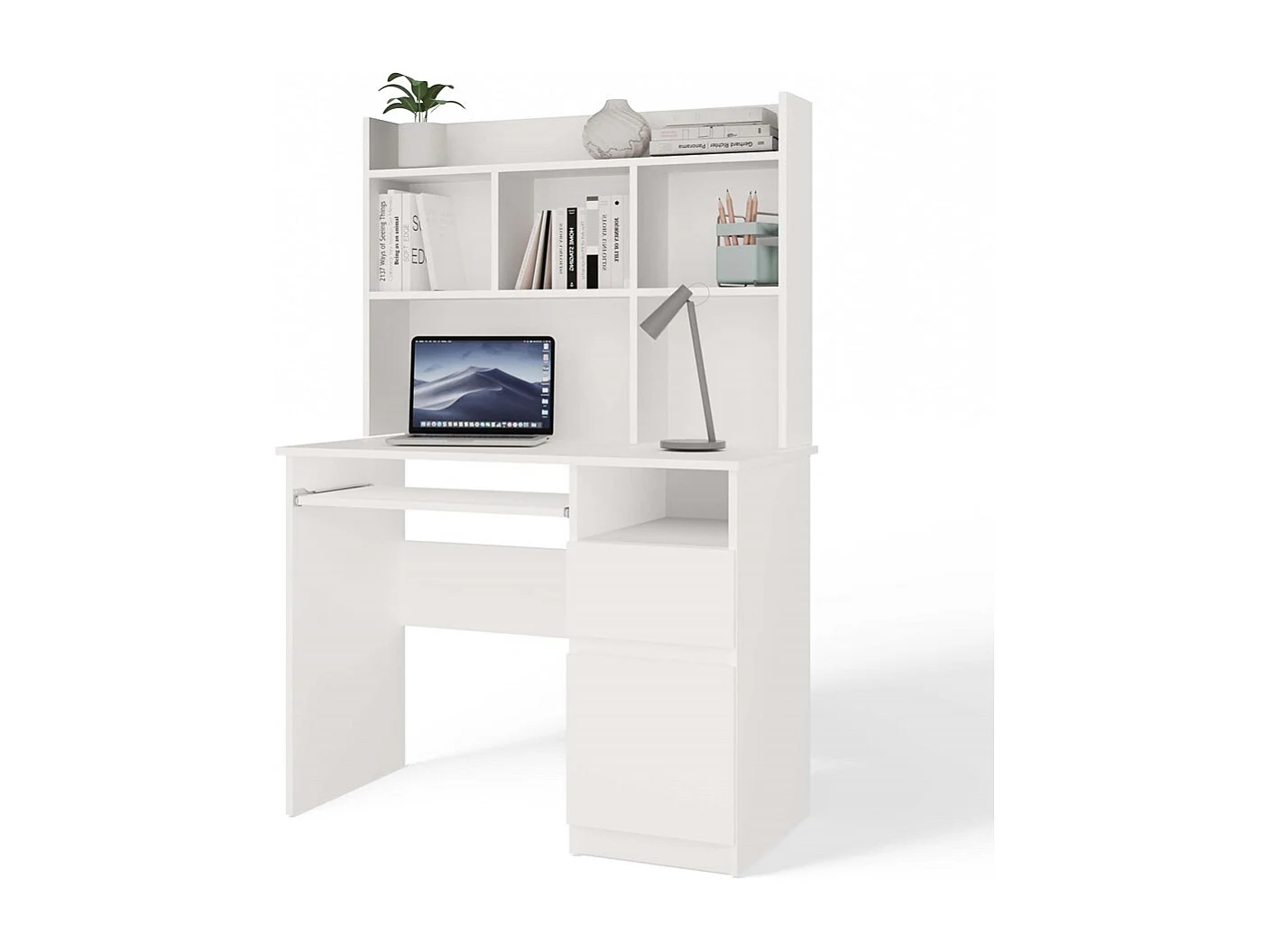 PORTO DESTRA - Scrivania 98×51×145 cm con 3 cassetti e ripiani, con mensola superiore per ufficio / camera da letto - Bianco