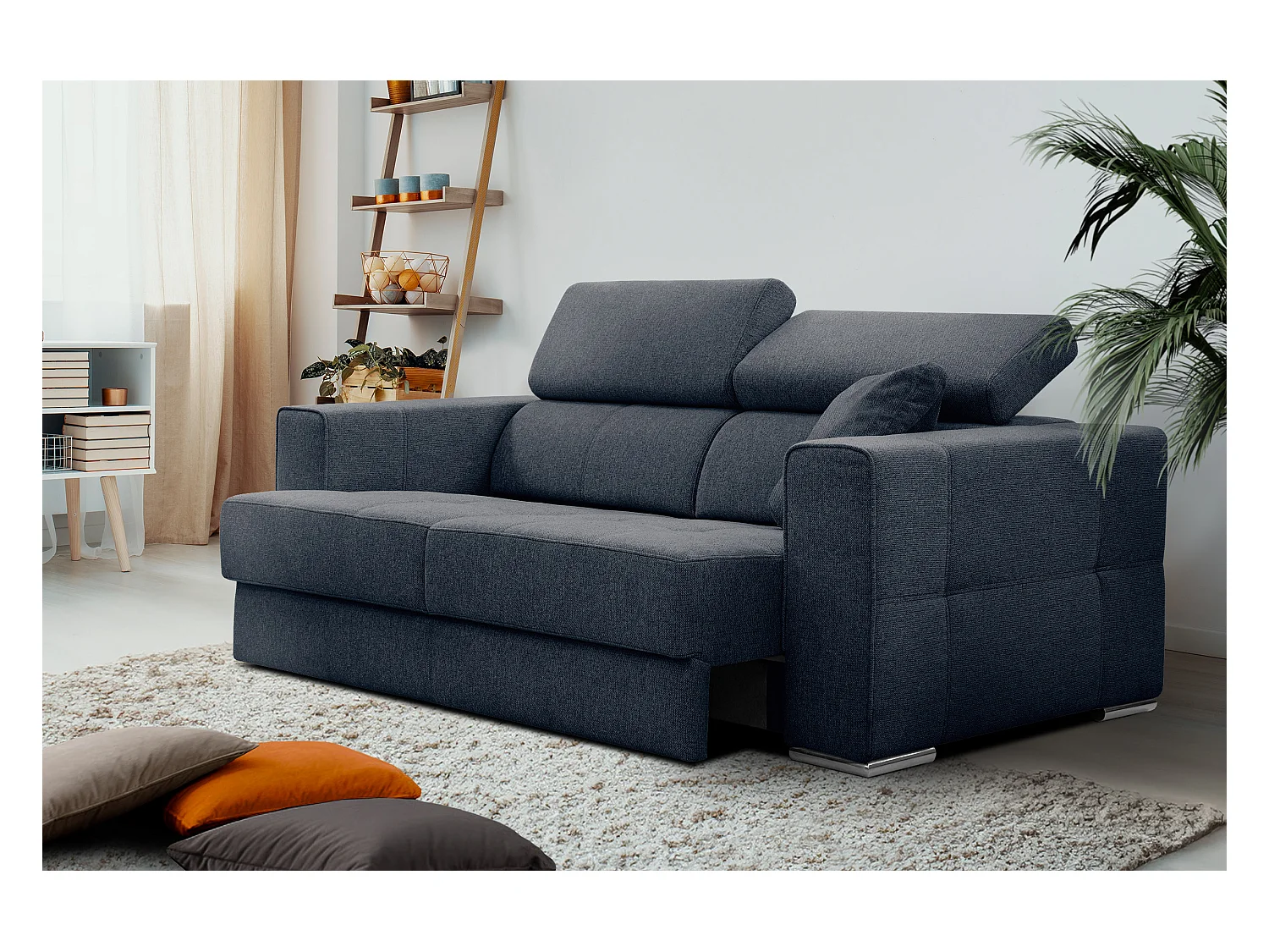 QUARTZ Sofa 3-Sitzer mit Ausziehsitz und verstellbare Kopfstützen, marineblau