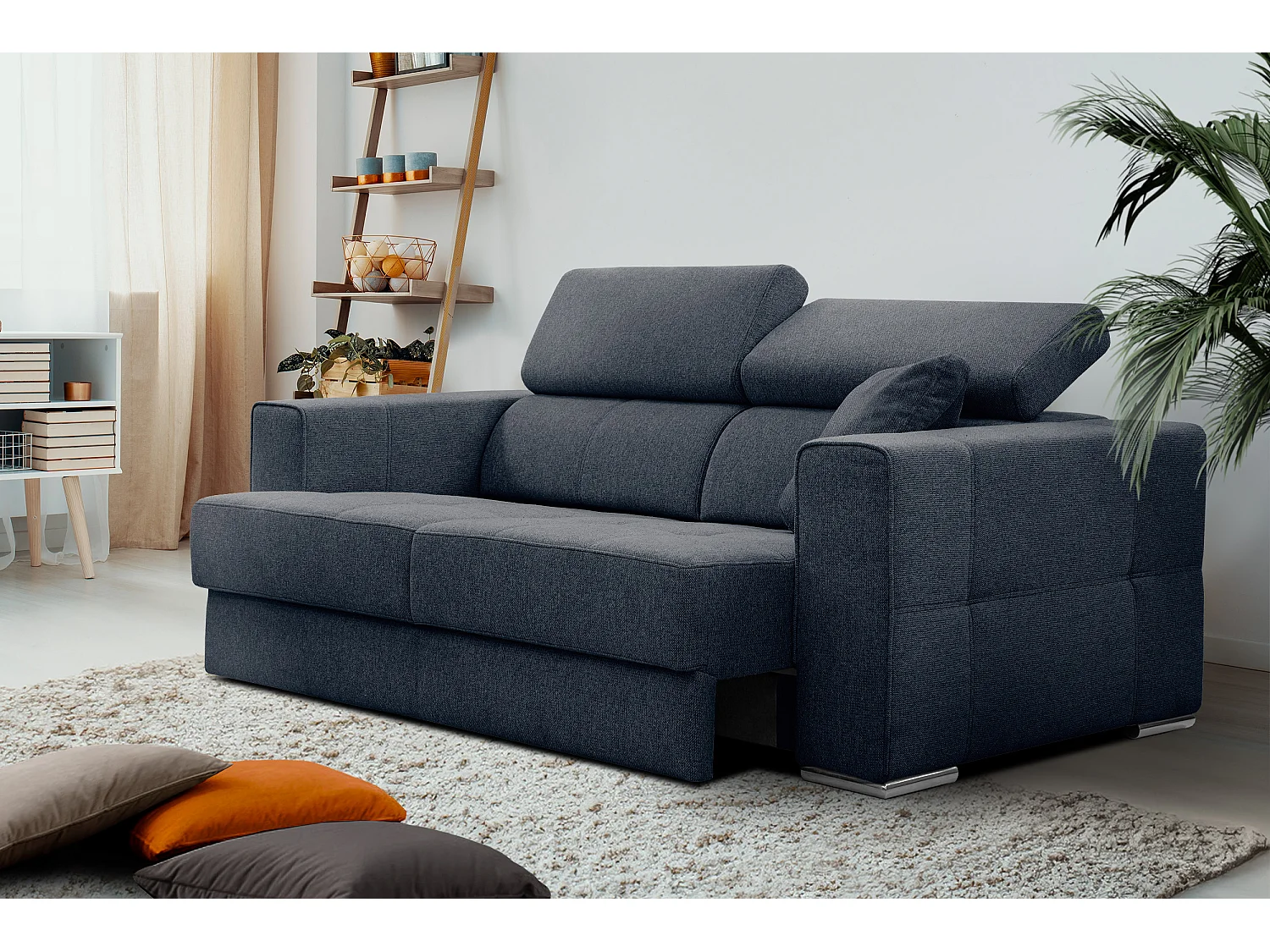 QUARTZ Sofa 3-Sitzer mit Ausziehsitz und verstellbare Kopfstützen, marineblau
