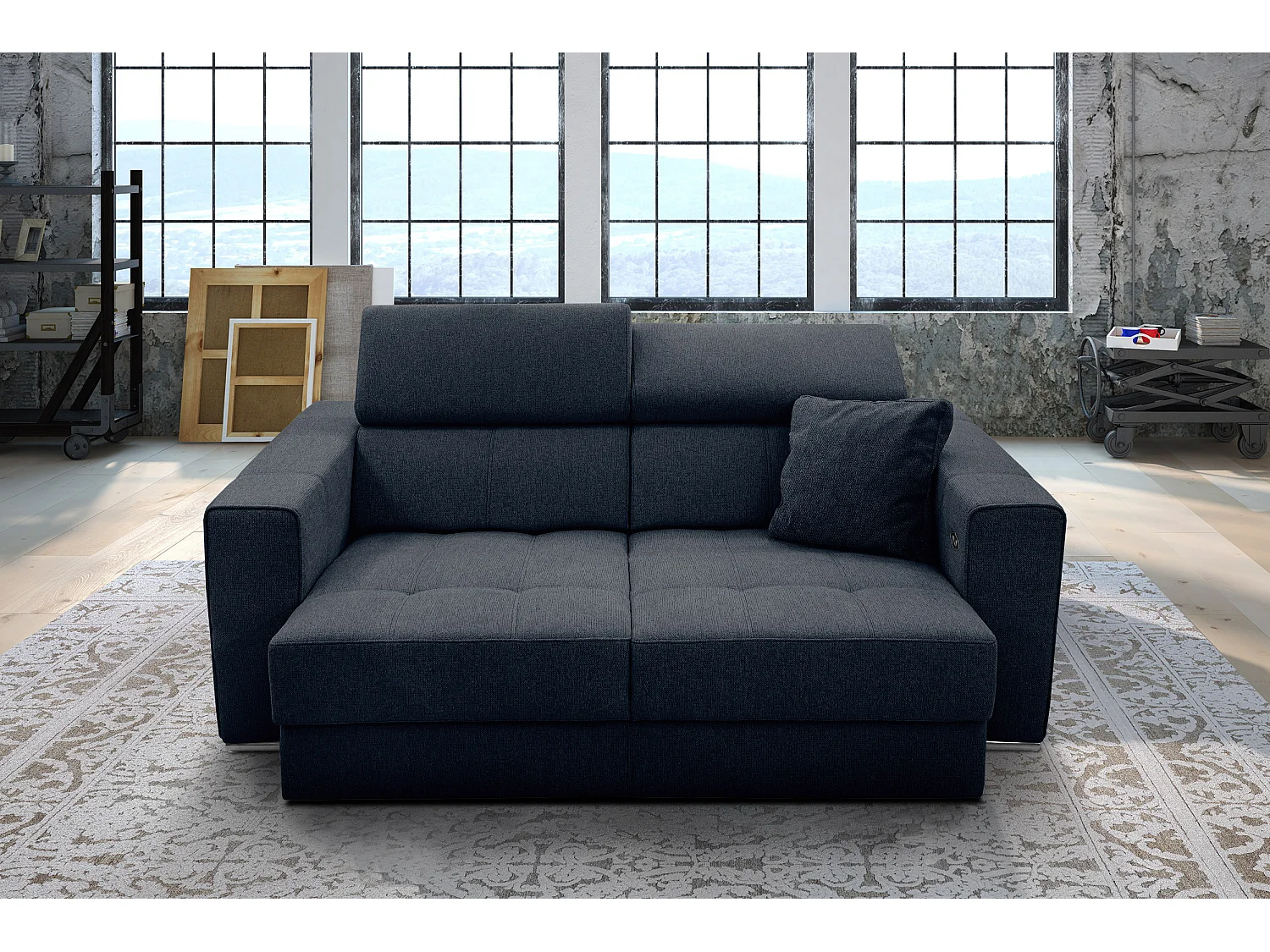 QUARTZ Sofa 3-Sitzer mit Ausziehsitz und verstellbare Kopfstützen, marineblau