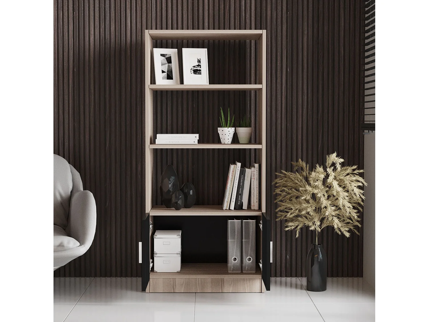 Nowoczesny regał na książki w kolorze dębu i czerni, szer. 25" x wys. 55" x gł. 15" | Płyta wiórowa pokryta melaminą w 100%, grubość 0,75" |