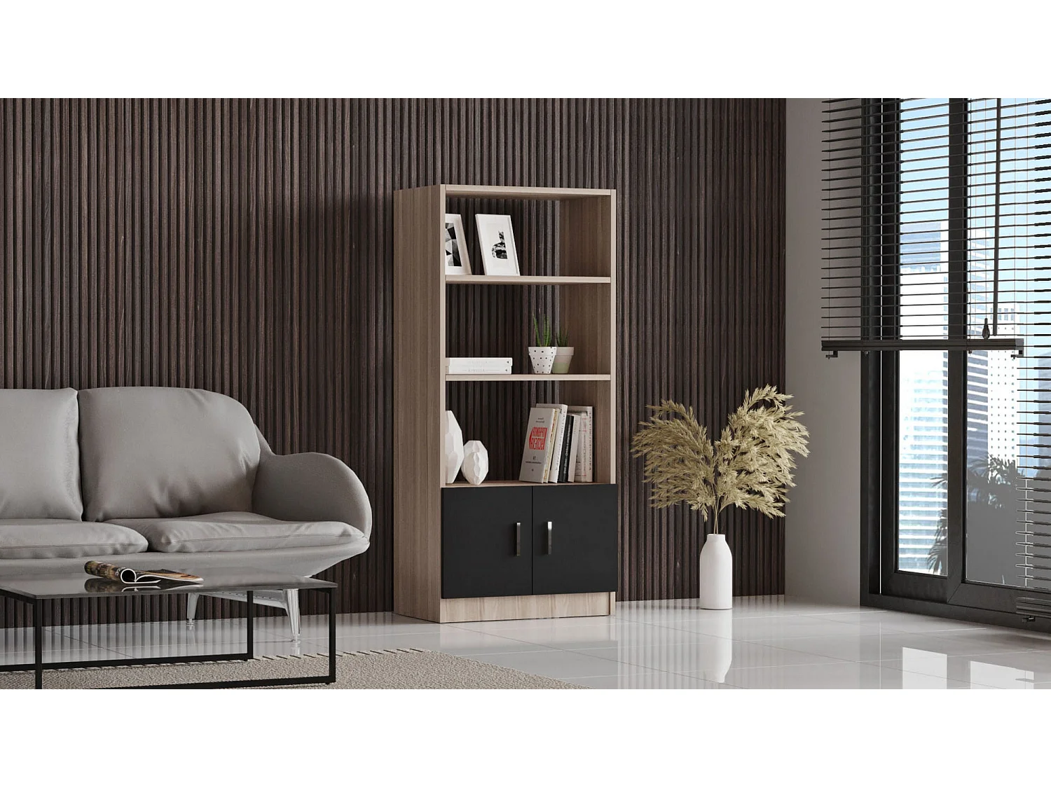 Nowoczesny regał na książki w kolorze dębu i czerni, szer. 25" x wys. 55" x gł. 15" | Płyta wiórowa pokryta melaminą w 100%, grubość 0,75" |