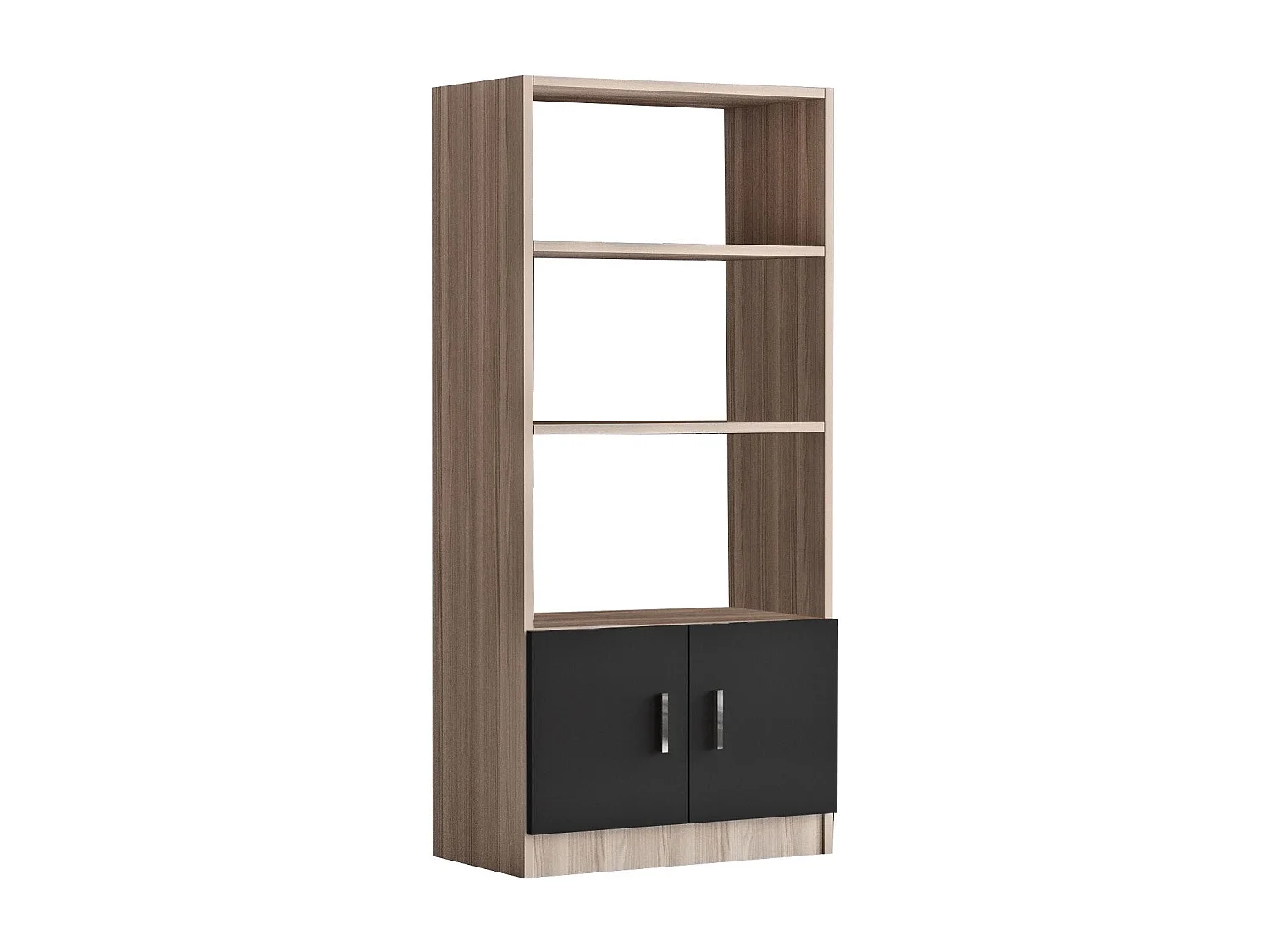 Nowoczesny regał na książki w kolorze dębu i czerni, szer. 25" x wys. 55" x gł. 15" | Płyta wiórowa pokryta melaminą w 100%, grubość 0,75" |