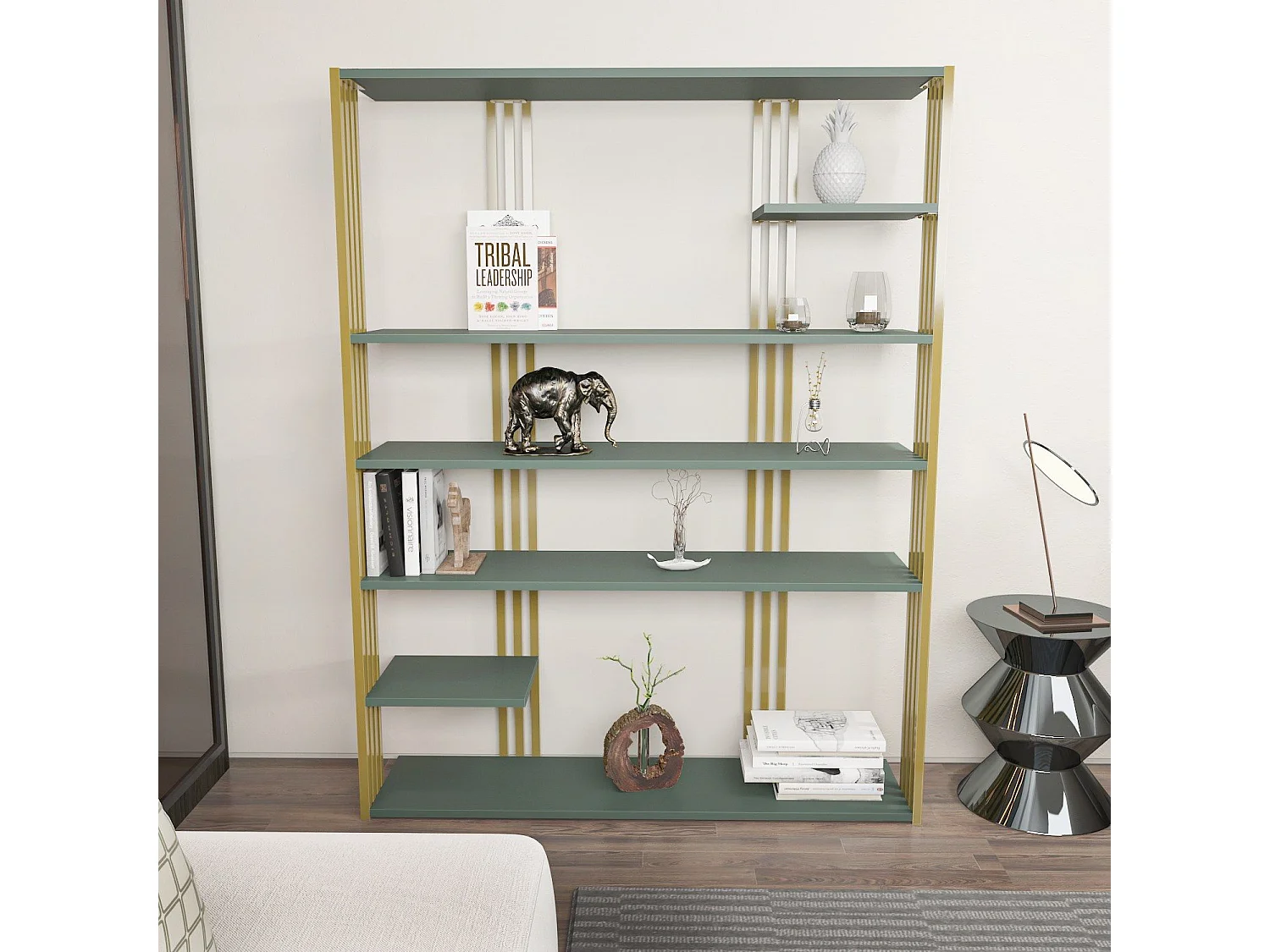 Elegante groene en gouden boekenkast, 120 x 160 x 29,6 cm | 100% melamine-gecoate spaanplaat, 18 mm dik | Stijlvolle opbergruimte voor moder