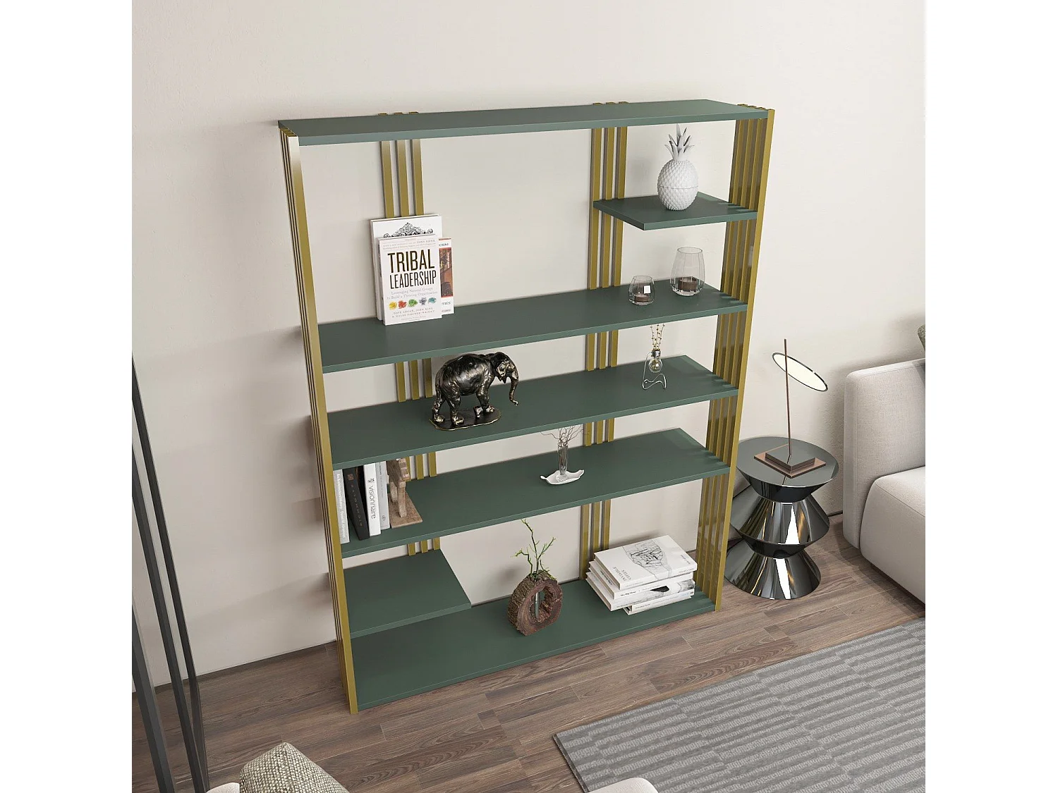 Elegante groene en gouden boekenkast, 120 x 160 x 29,6 cm | 100% melamine-gecoate spaanplaat, 18 mm dik | Stijlvolle opbergruimte voor moder