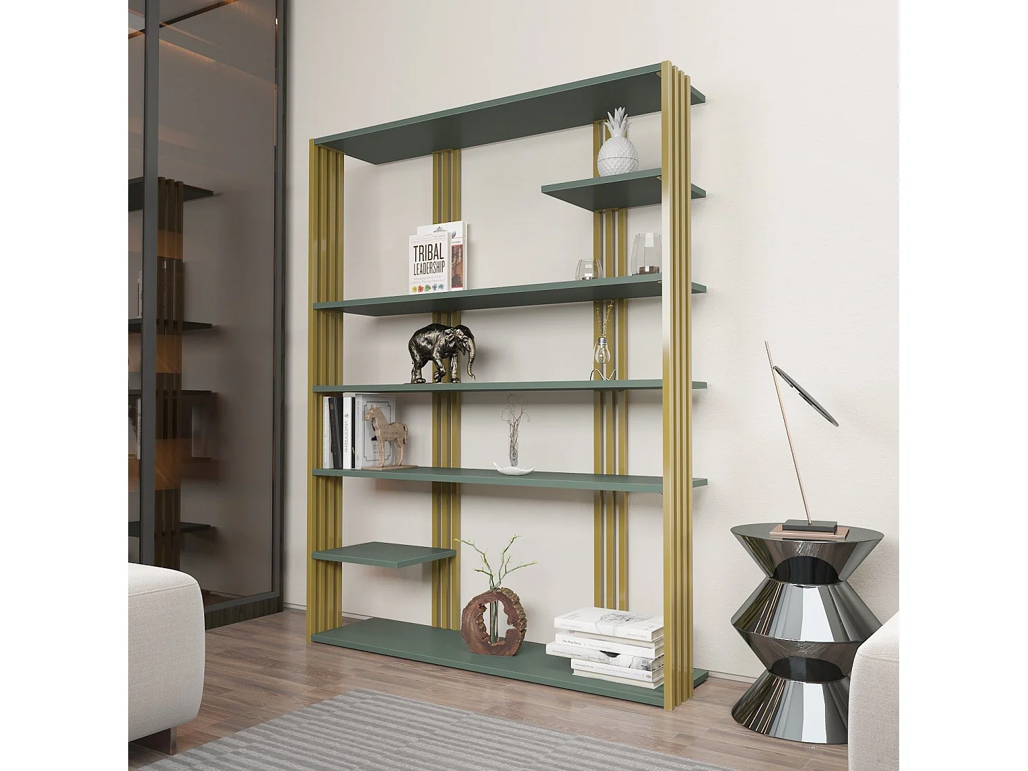 Elegante groene en gouden boekenkast, 120 x 160 x 29,6 cm | 100% melamine-gecoate spaanplaat, 18 mm dik | Stijlvolle opbergruimte voor moder