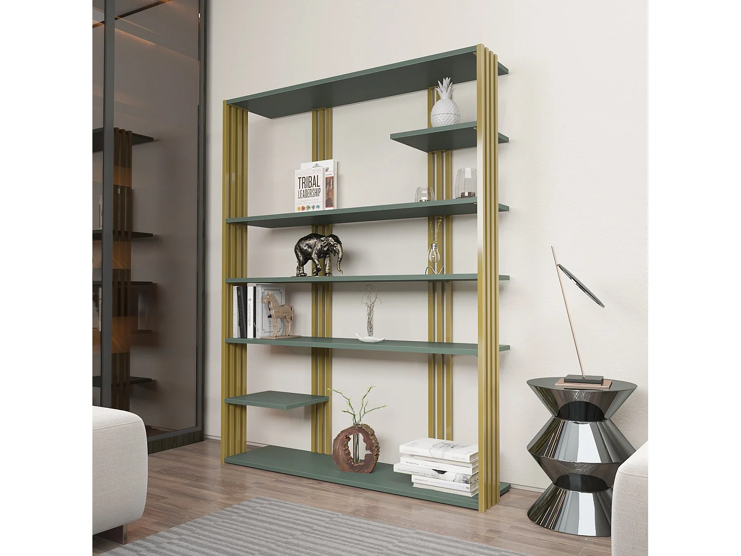 Elegante groene en gouden boekenkast, 120 x 160 x 29,6 cm | 100% melamine-gecoate spaanplaat, 18 mm dik | Stijlvolle opbergruimte voor moder
