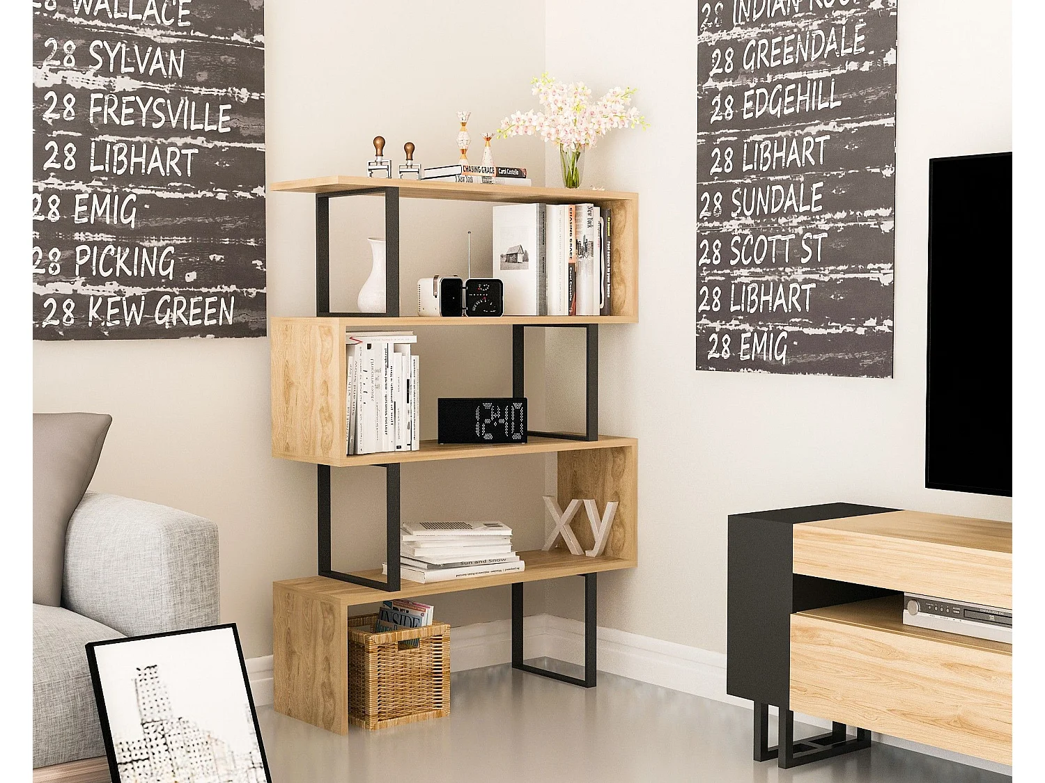 Estantería Kailua 1252, Abierta sin pared trasera, Metal|Aglomerado laminado, 125x92x30cm