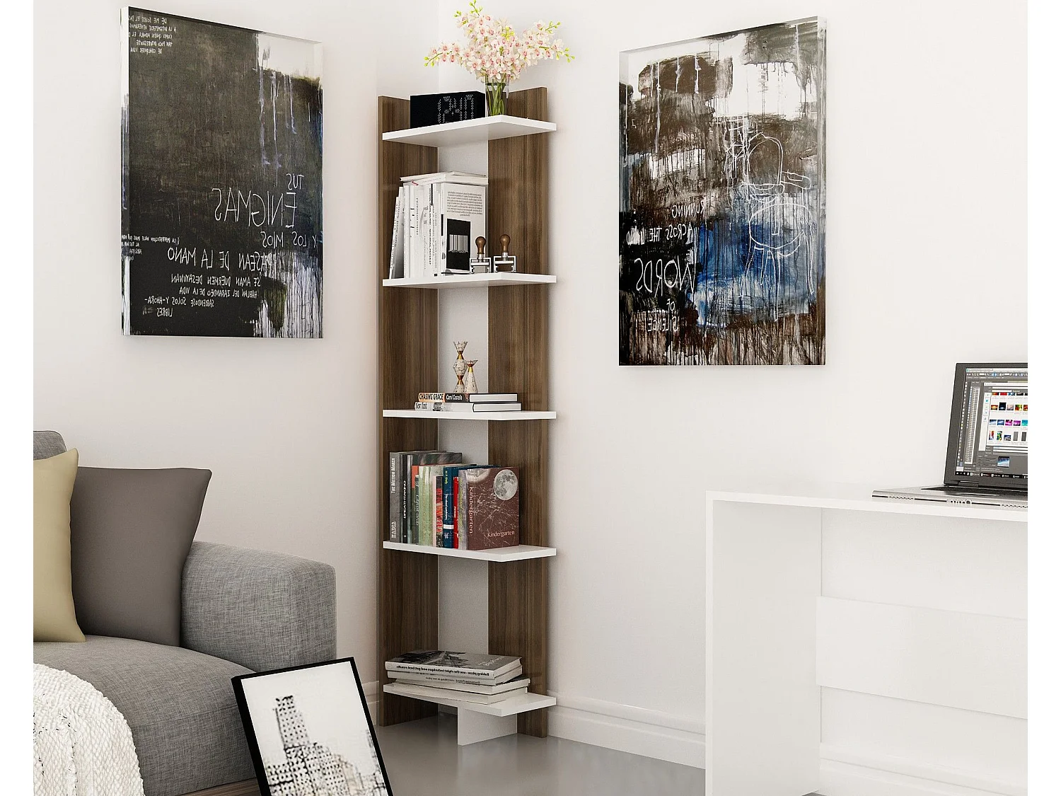 Moderne wandkast in walnoot- en wittinten, 45 cm B x 170 cm H x 22 cm D | 100% melamine gecoat, 18 mm dik | Stijlvolle, aan de muur te beves