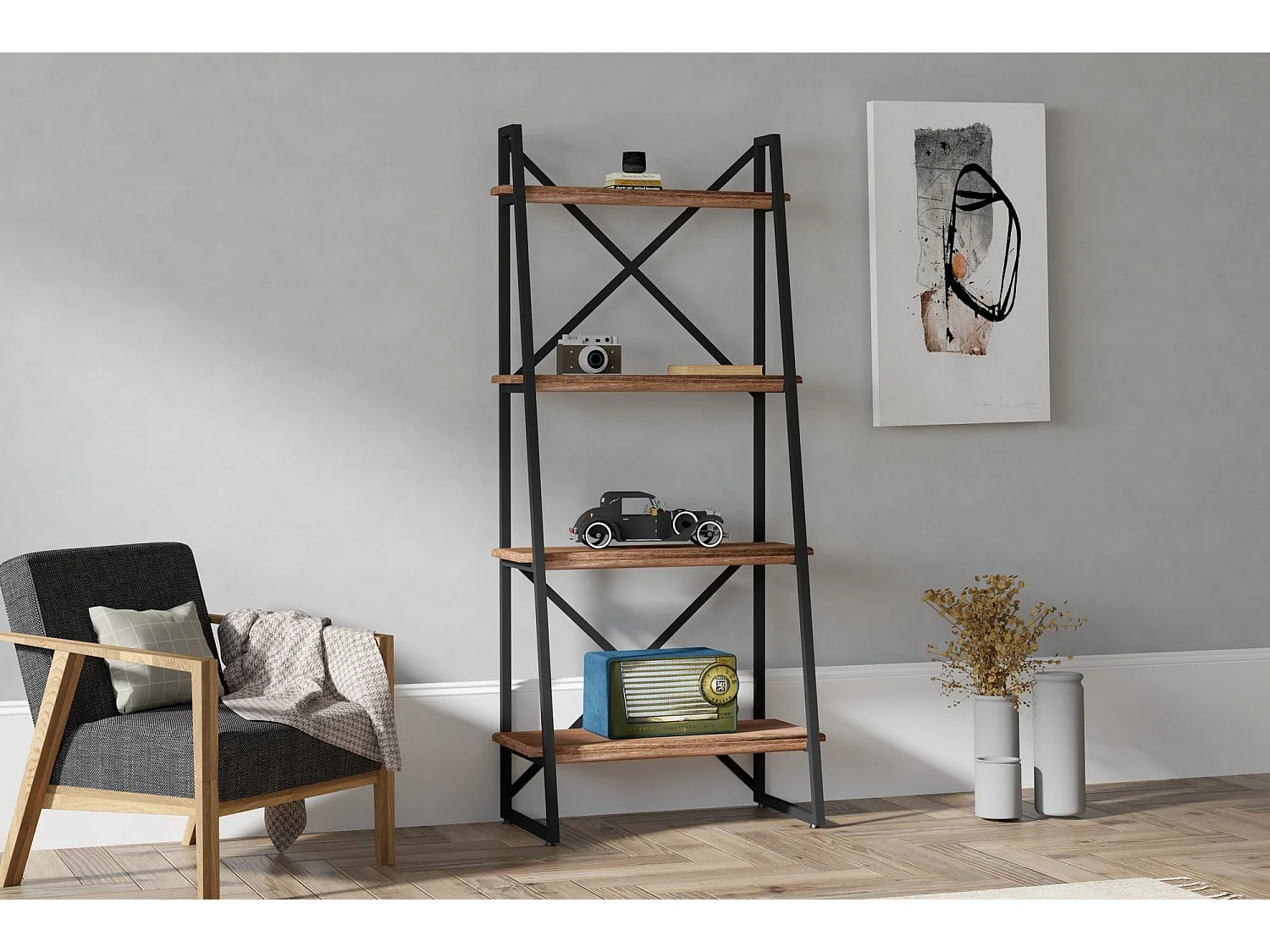 Étagère bibliothèque style industriel Kavi L63cm Métal Noir et Pin massif foncé