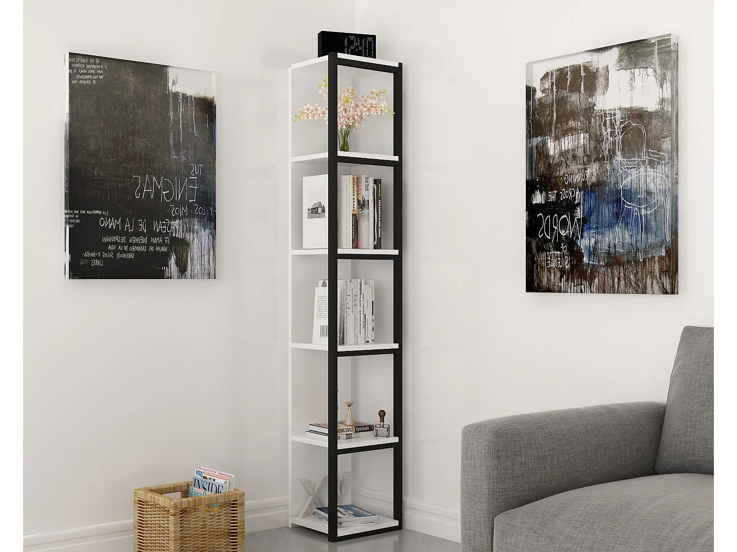 Librería moderna – 33,7 x 180 x 29,5 cm – blanco y negro – tablero de partículas