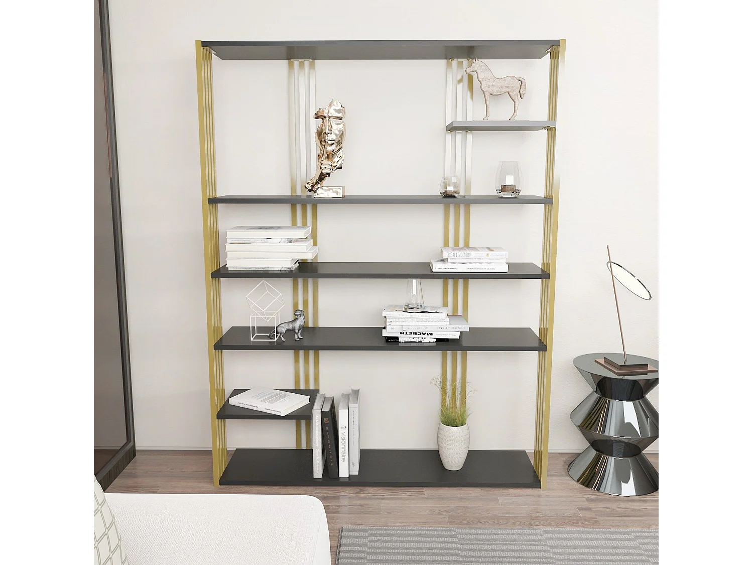 Edles Regal in Anthrazit und Gold, 120 x 160 x 29,6 cm | 100 % melaminbeschichtete Spanplatte, 18 mm stark | Moderne Aufbewahrungslösung für