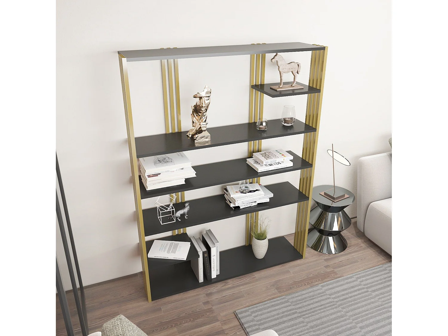 Edles Regal in Anthrazit und Gold, 120 x 160 x 29,6 cm | 100 % melaminbeschichtete Spanplatte, 18 mm stark | Moderne Aufbewahrungslösung für