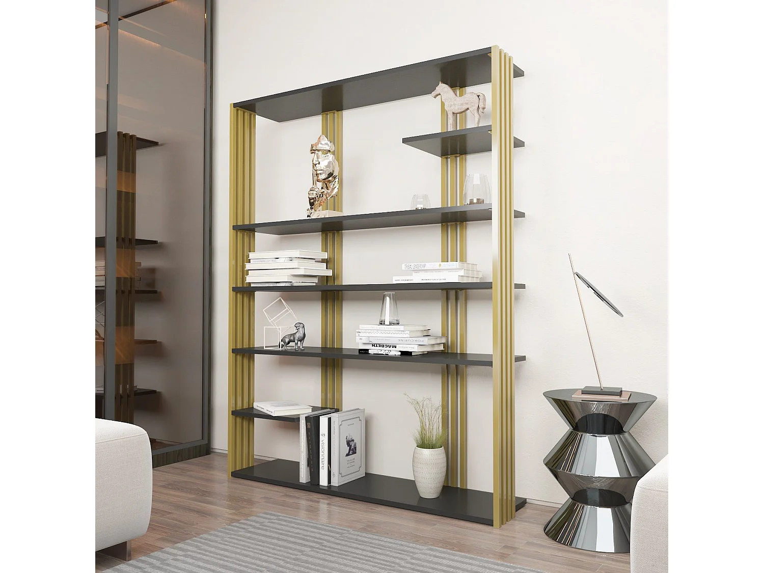 Edles Regal in Anthrazit und Gold, 120 x 160 x 29,6 cm | 100 % melaminbeschichtete Spanplatte, 18 mm stark | Moderne Aufbewahrungslösung für