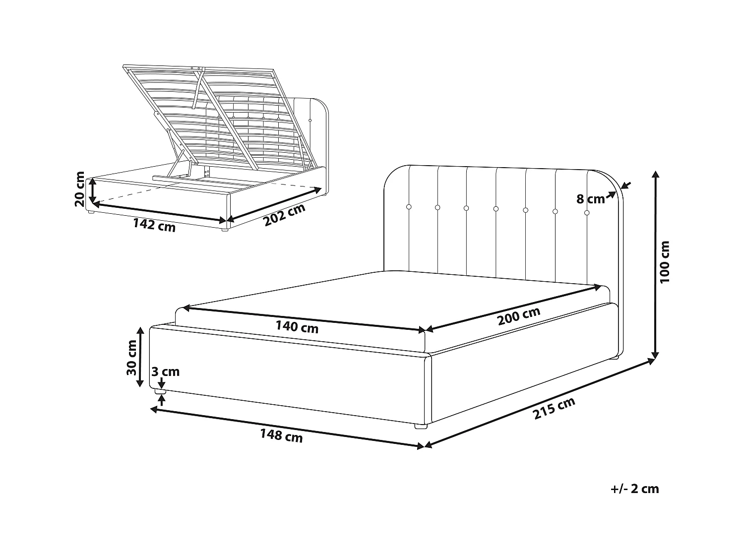 Lit ottoman Tissu CHALLANS 140 x 200 cm Blanc cassé