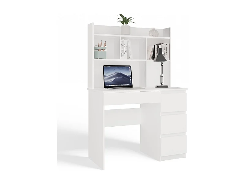 MIJAS DROIT - Bureau 98×51×146 cm 4 tiroirs et 4 rayons avec étagère supérieure pour bureau / chambre - Blanc