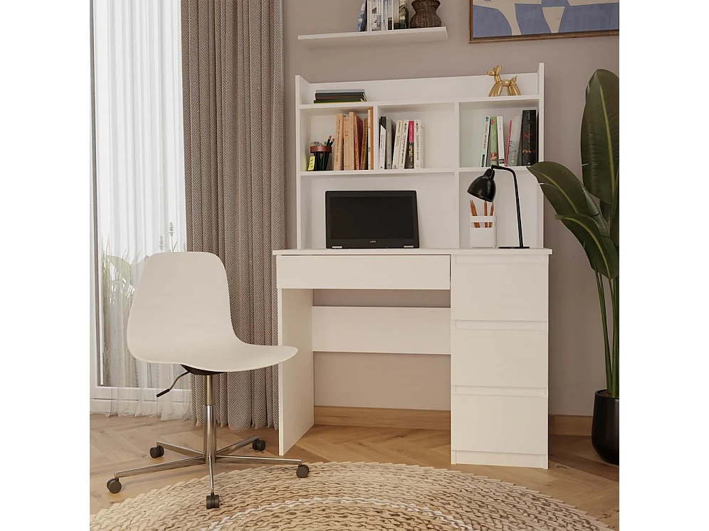 MIJAS DROIT - Bureau 98×51×146 cm 4 tiroirs et 4 rayons avec étagère supérieure pour bureau / chambre - Blanc