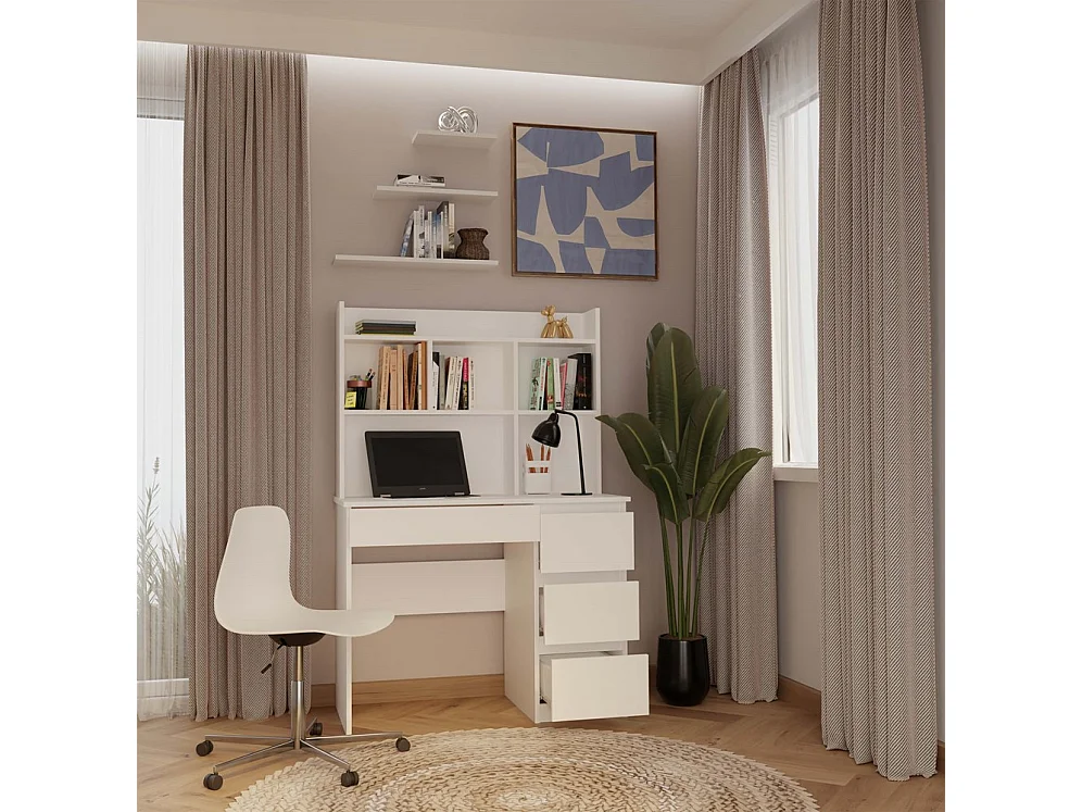 MIJAS DROIT - Bureau 98×51×146 cm 4 tiroirs et 4 rayons avec étagère supérieure pour bureau / chambre - Blanc