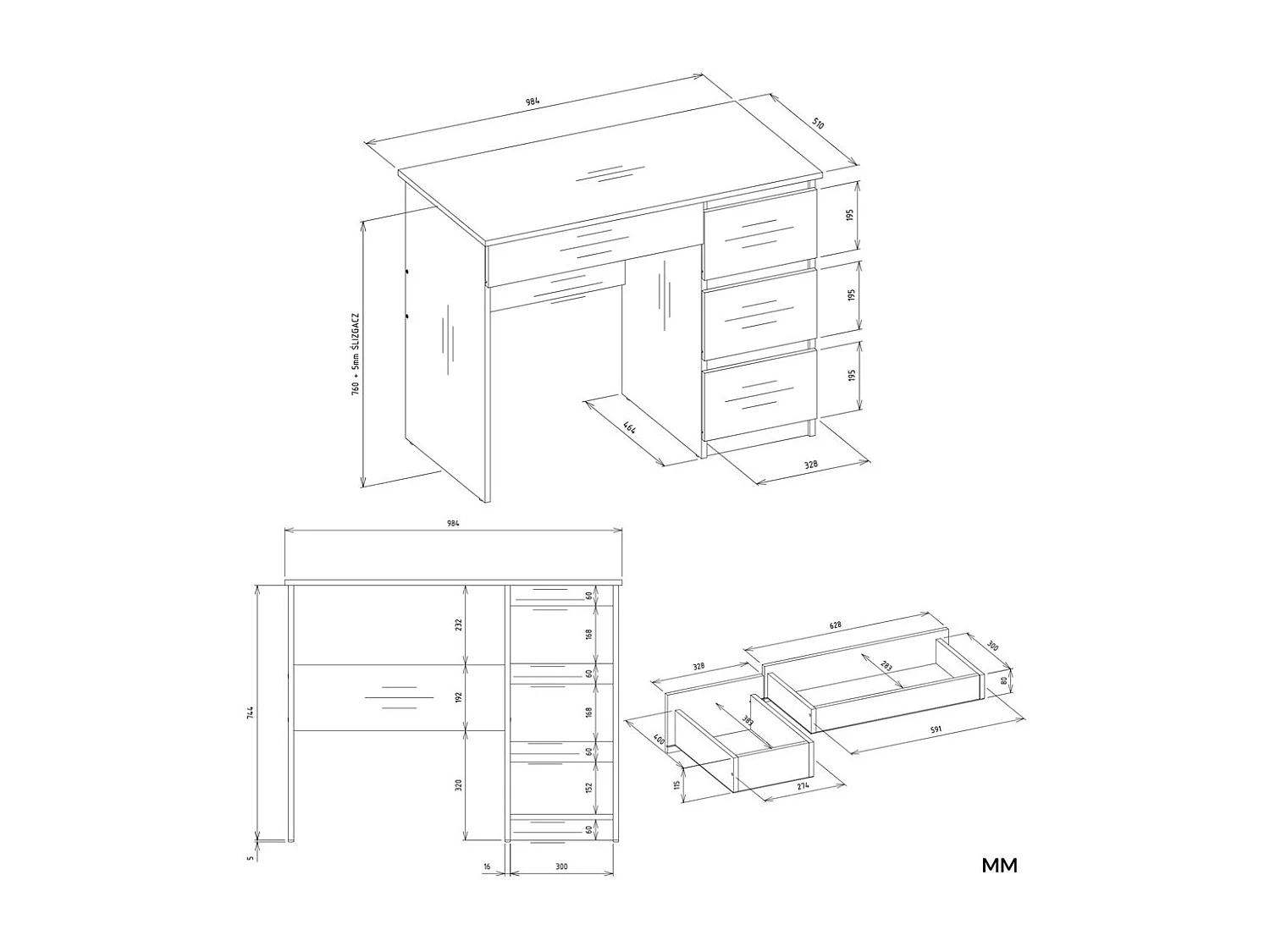 MIJAS DROIT - Bureau 98×51×146 cm 4 tiroirs et 4 rayons avec étagère supérieure pour bureau / chambre - Blanc