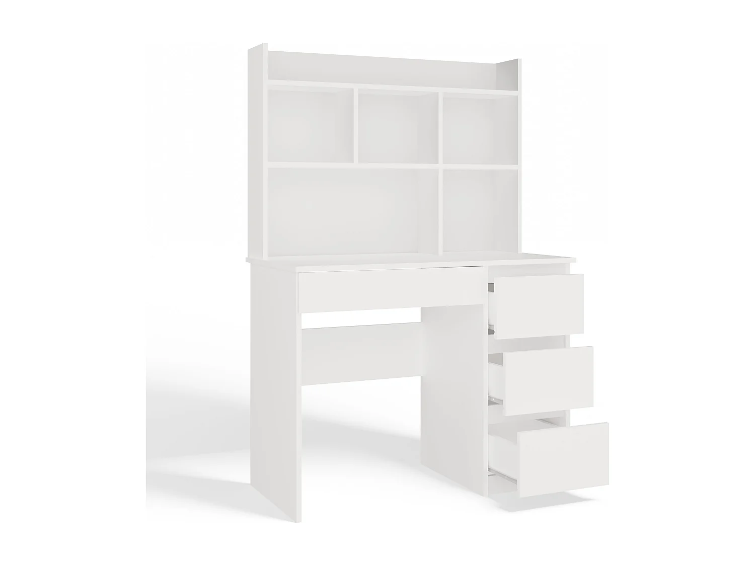 MIJAS DROIT - Bureau 98×51×146 cm 4 tiroirs et 4 rayons avec étagère supérieure pour bureau / chambre - Blanc
