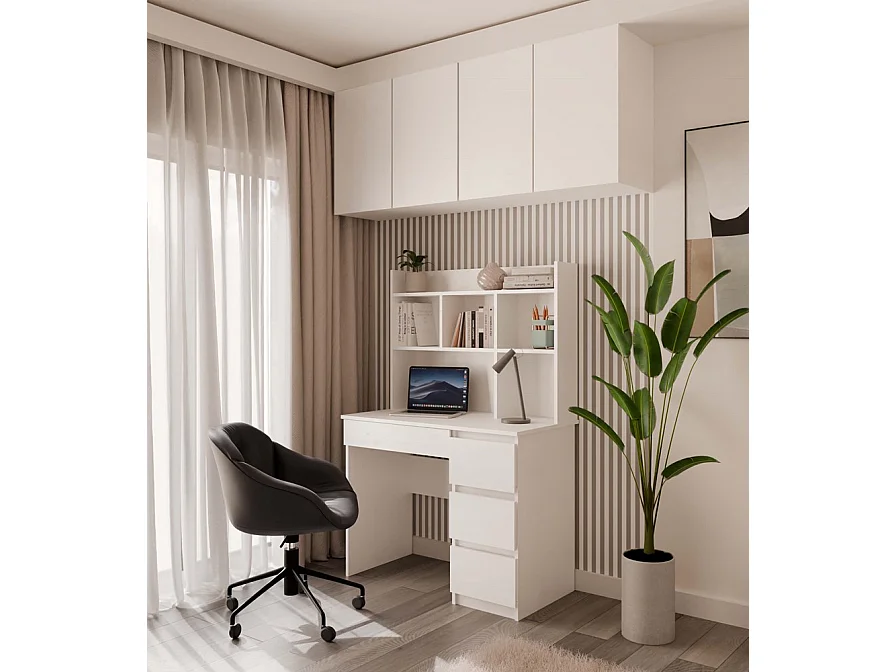 MIJAS DESTRA - Scrivania 98×51×146 cm con 4 cassetti e 4 ripiani, con mensola superiore per ufficio / camera da letto - Bianco