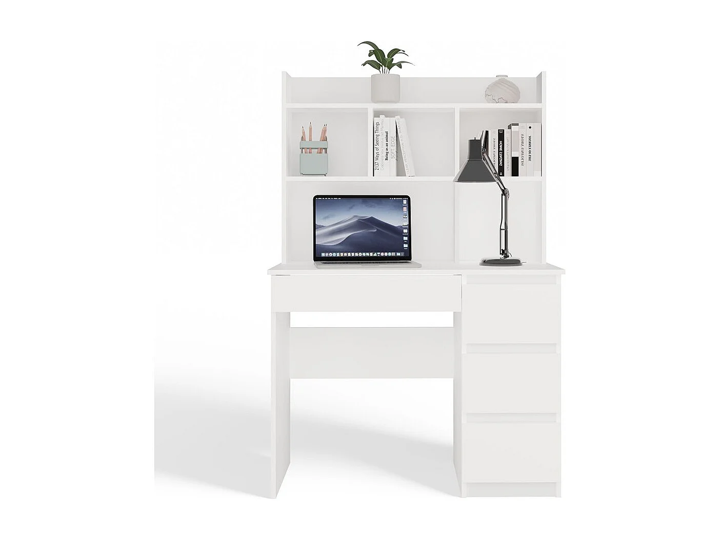 MIJAS DESTRA - Scrivania 98×51×146 cm con 4 cassetti e 4 ripiani, con mensola superiore per ufficio / camera da letto - Bianco