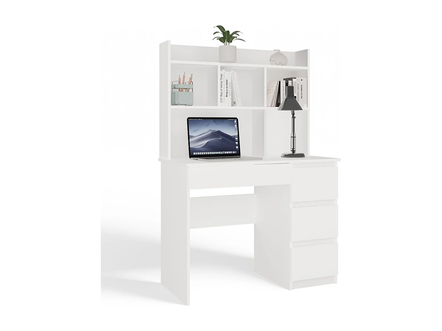 MIJAS DESTRA - Scrivania 98×51×146 cm con 4 cassetti e 4 ripiani, con mensola superiore per ufficio / camera da letto - Bianco