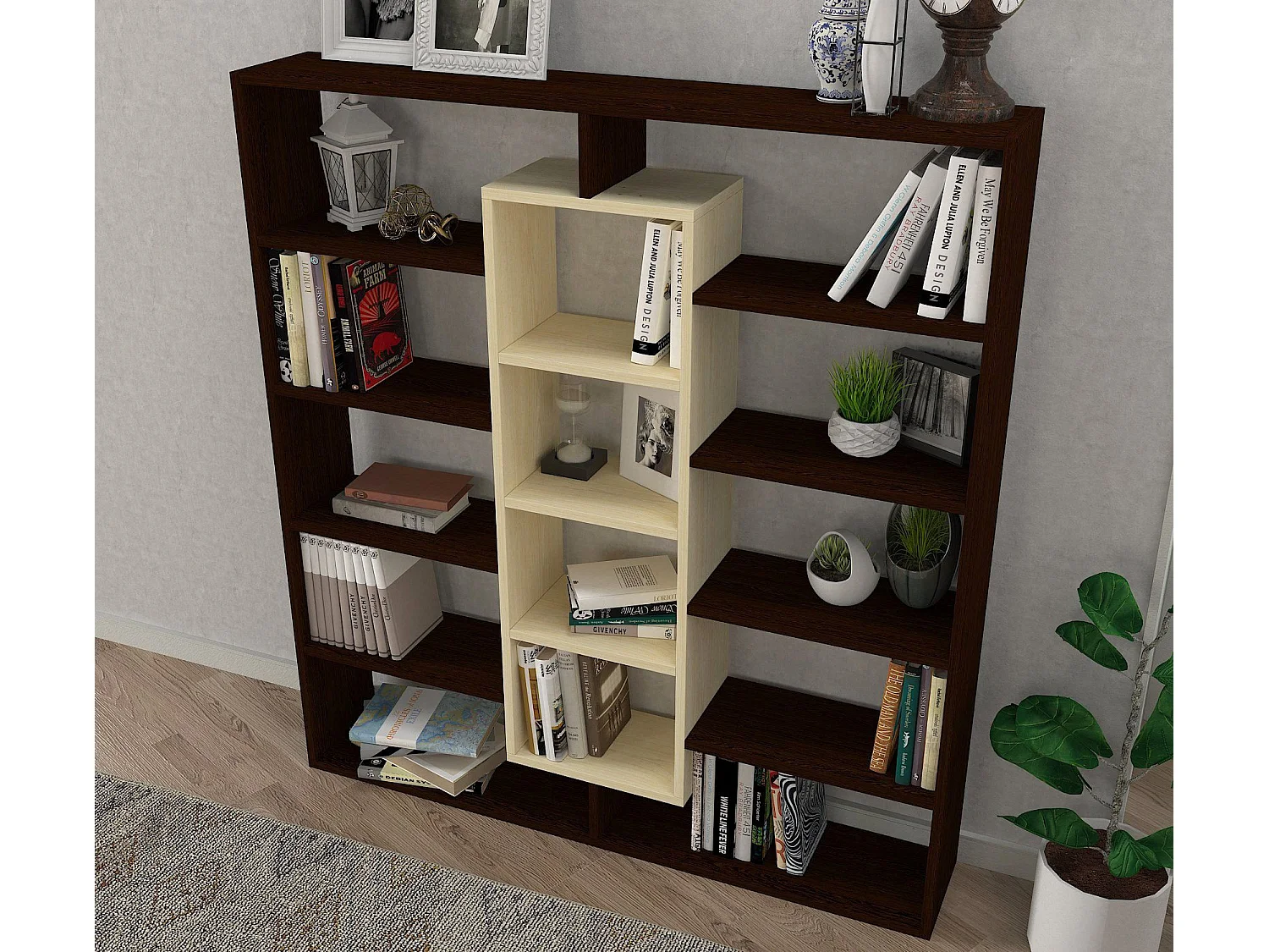 Étagère bibliothéque Alexa H135,7cm Blanc crème et Bois foncé