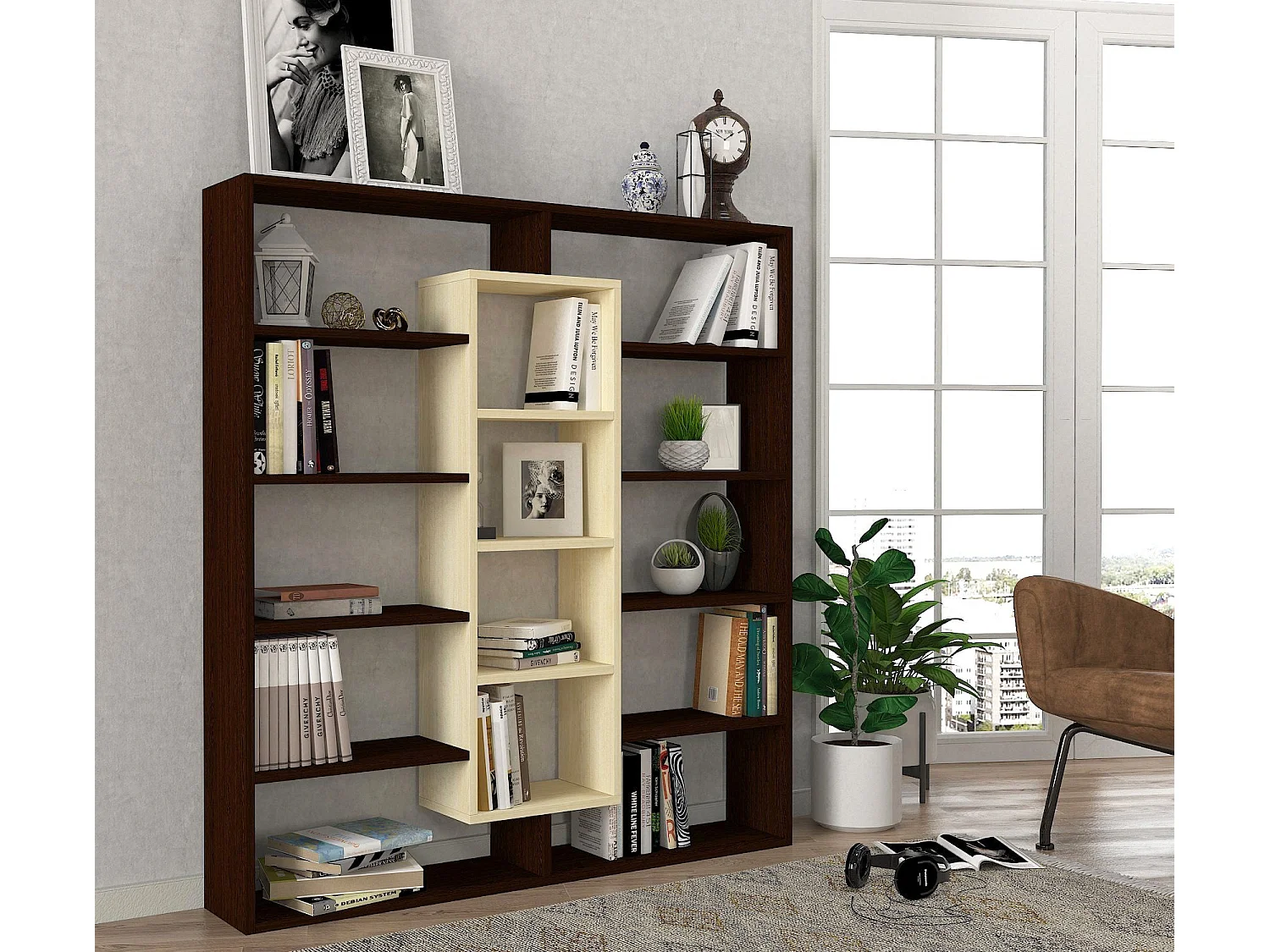 Étagère bibliothéque Alexa H135,7cm Blanc crème et Bois foncé