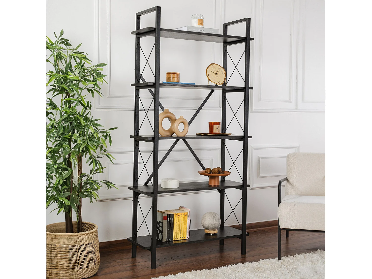 Étagère noire élégante avec structure en métal, 90 x 180 x 33,5 cm | Panneau de particules 100 % mélaminé | Design mural robuste et fonction