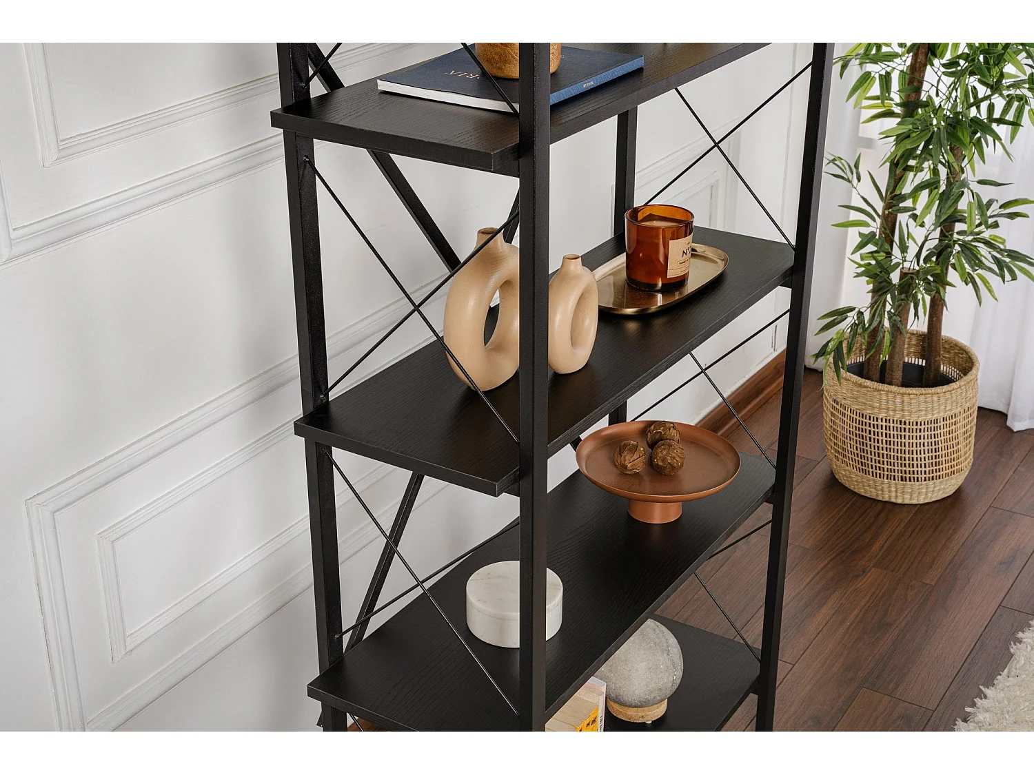 Étagère noire élégante avec structure en métal, 90 x 180 x 33,5 cm | Panneau de particules 100 % mélaminé | Design mural robuste et fonction