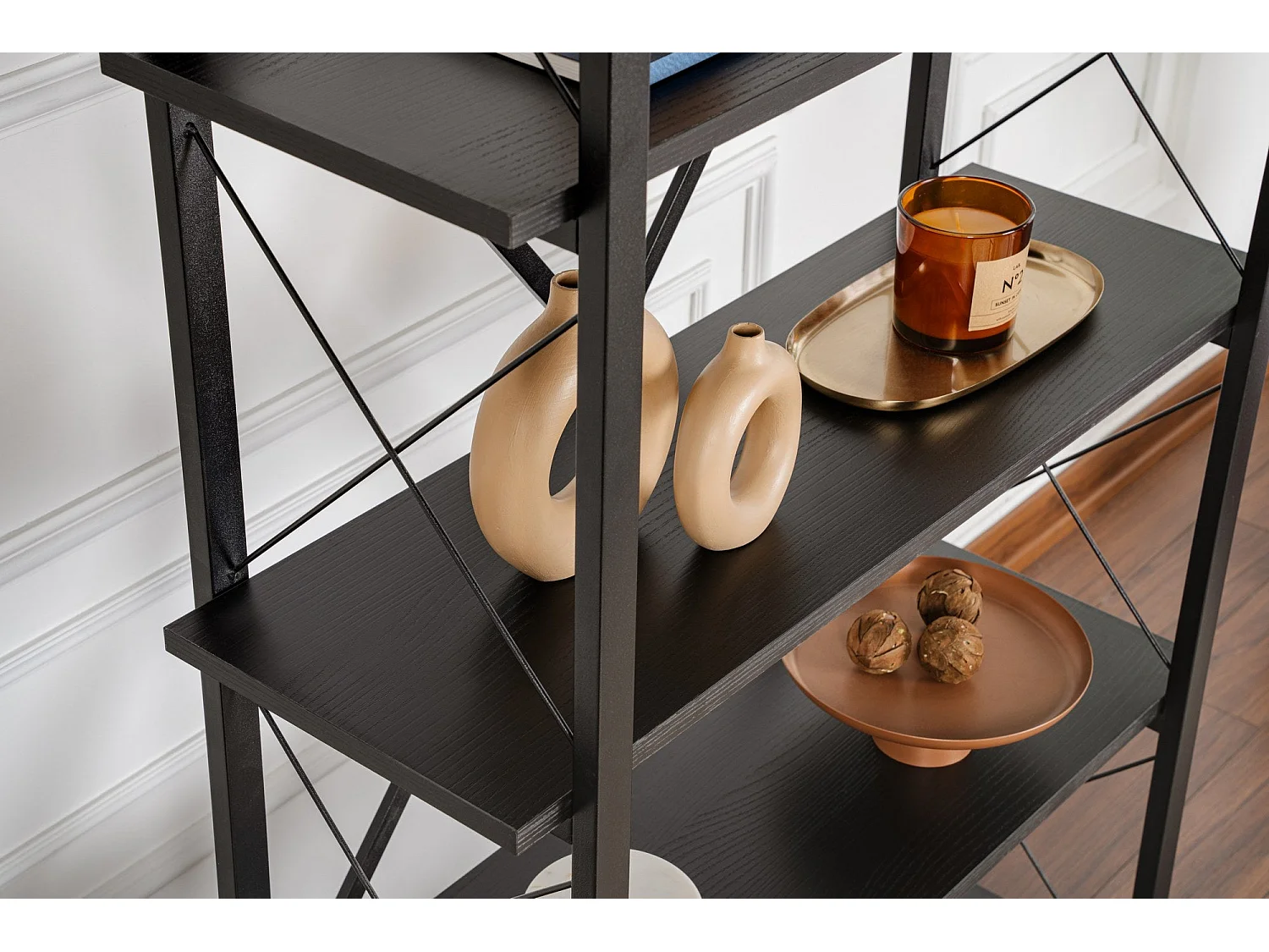 Étagère noire élégante avec structure en métal, 90 x 180 x 33,5 cm | Panneau de particules 100 % mélaminé | Design mural robuste et fonction