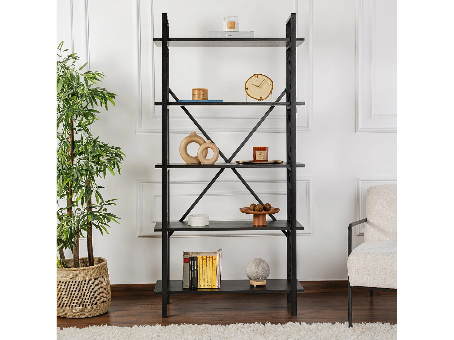 Étagère noire élégante avec structure en métal, 90 x 180 x 33,5 cm | Panneau de particules 100 % mélaminé | Design mural robuste et fonction