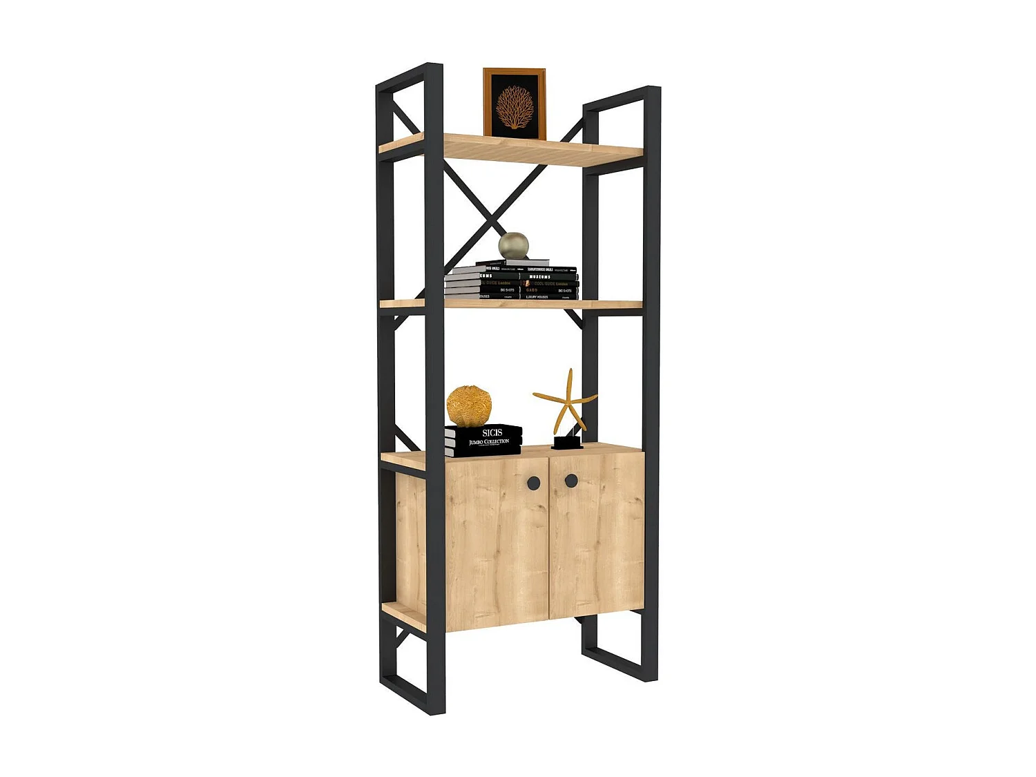 Bibliothèque style industriel Kimi L63cm Bois clair et Métal Noir