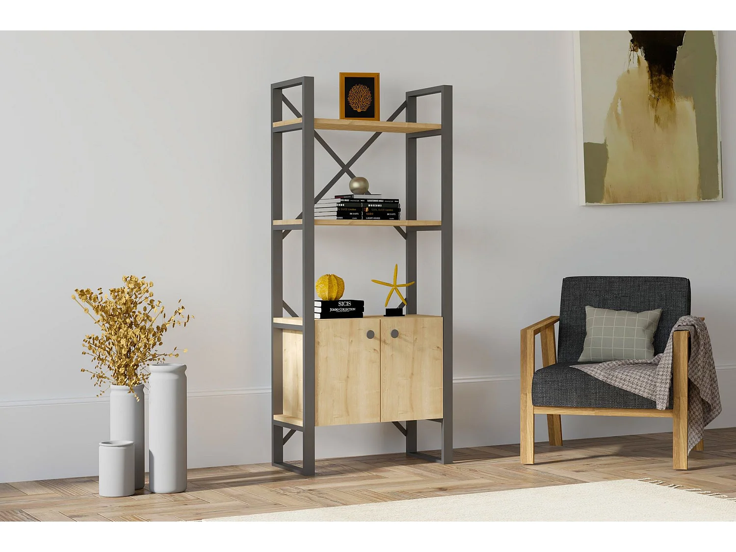 Bibliothèque style industriel Kimi L63cm Bois clair et Métal Noir