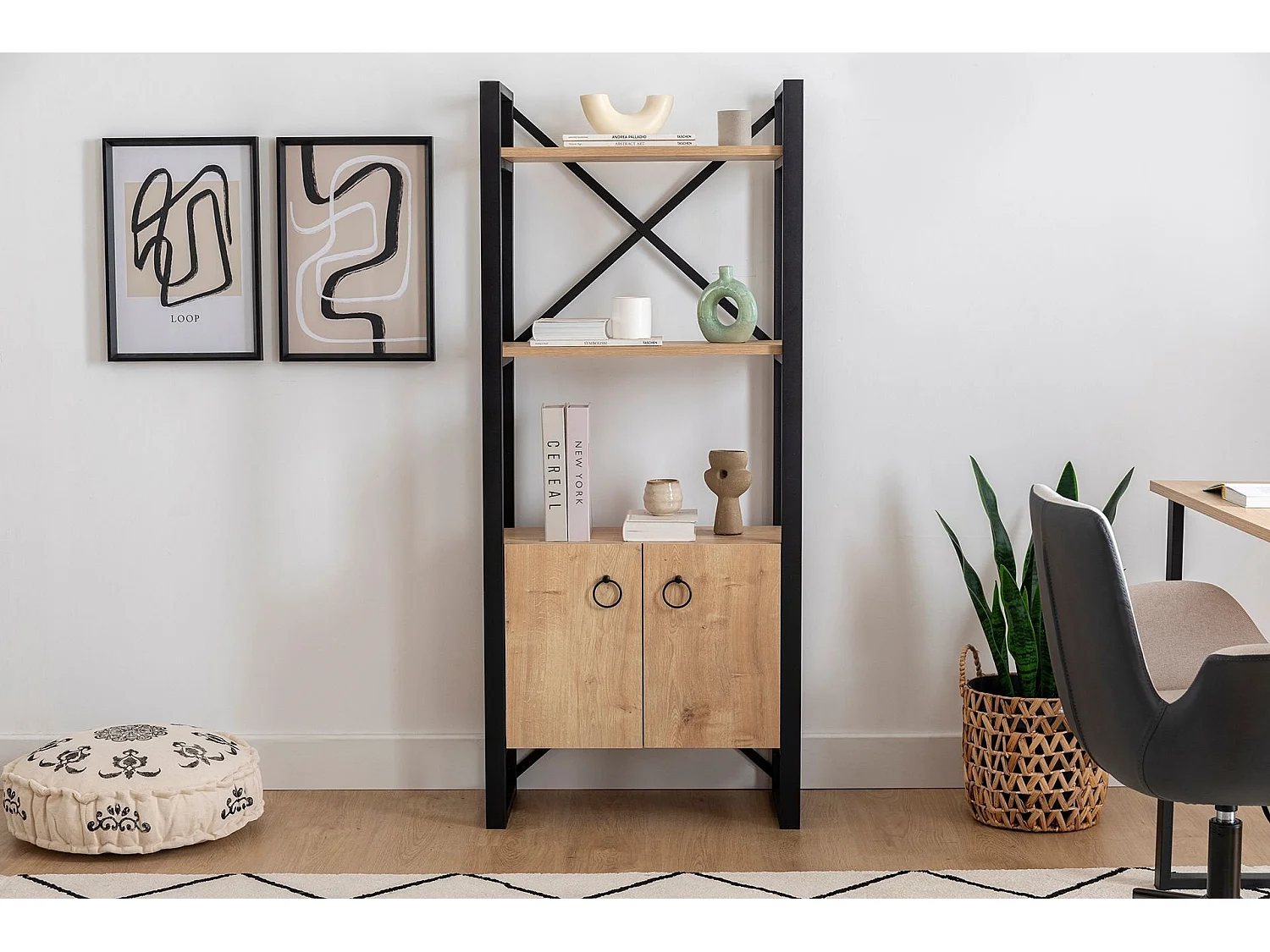 Bibliothèque style industriel Kimi L63cm Bois clair et Métal Noir