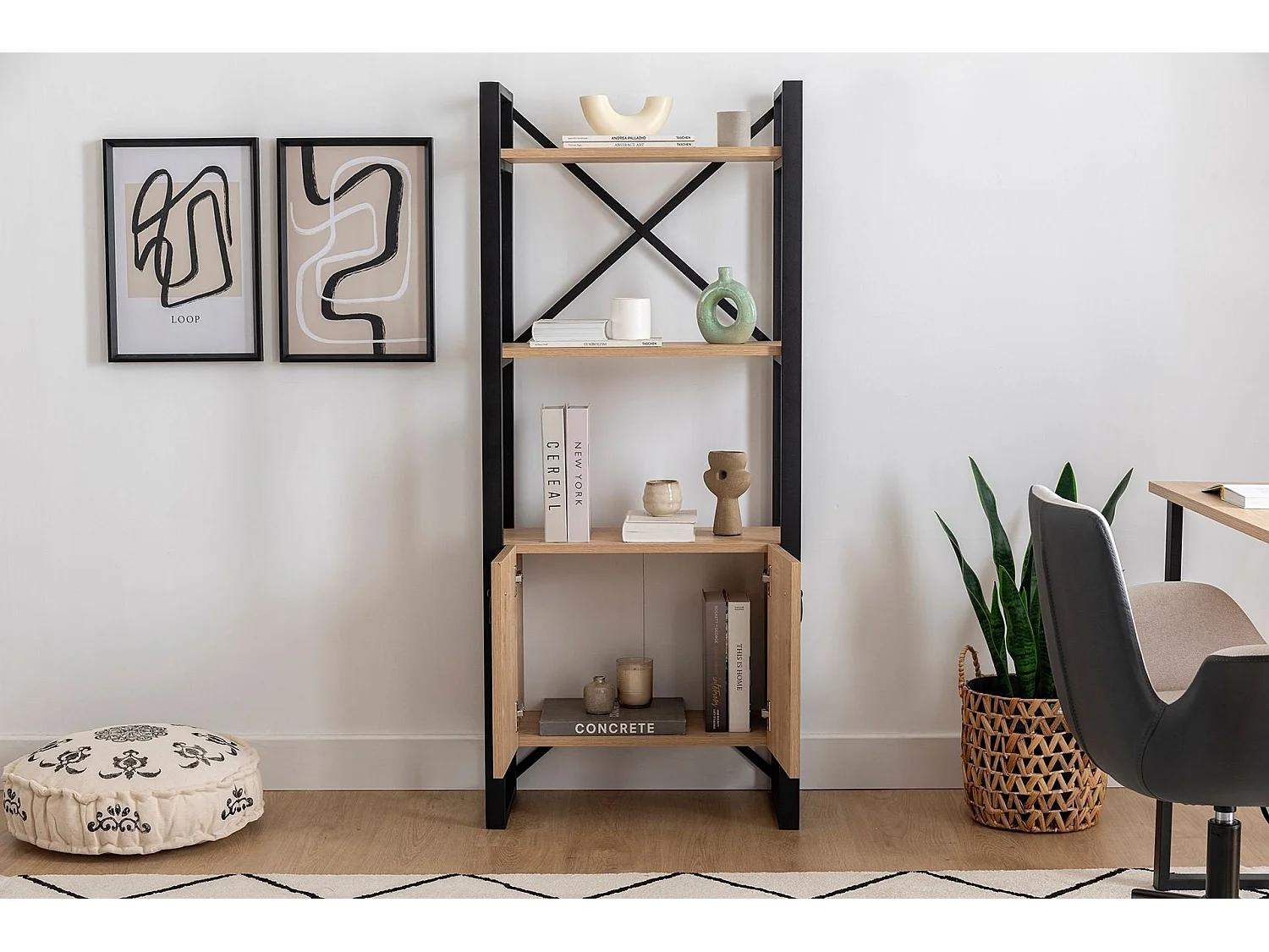 Bibliothèque style industriel Kimi L63cm Bois clair et Métal Noir