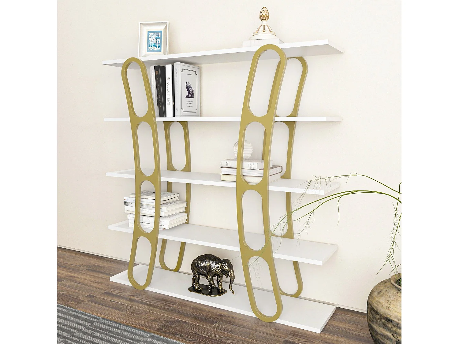 Étagère bibliothèque design Fortin H120cm Blanc et Or