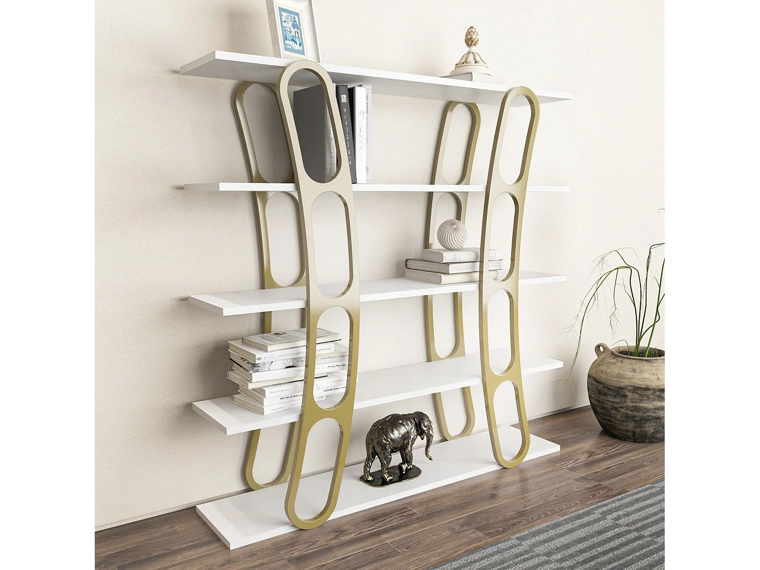 Étagère bibliothèque design Fortin H120cm Blanc et Or