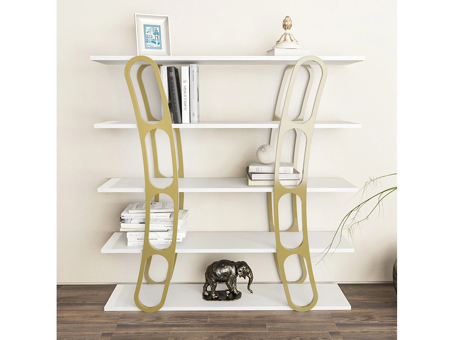 Étagère bibliothèque design Fortin H120cm Blanc et Or
