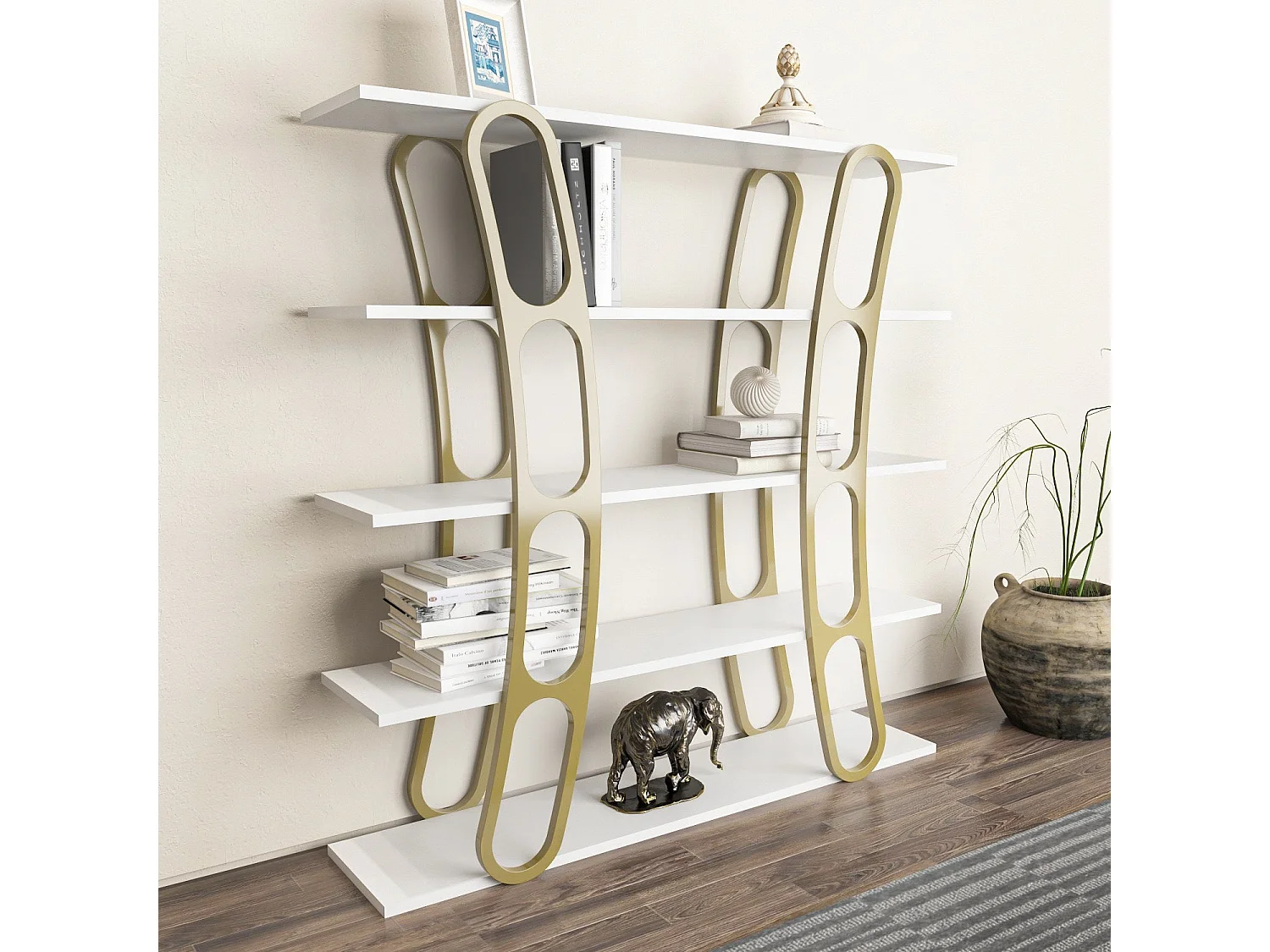 Étagère bibliothèque design Fortin H120cm Blanc et Or