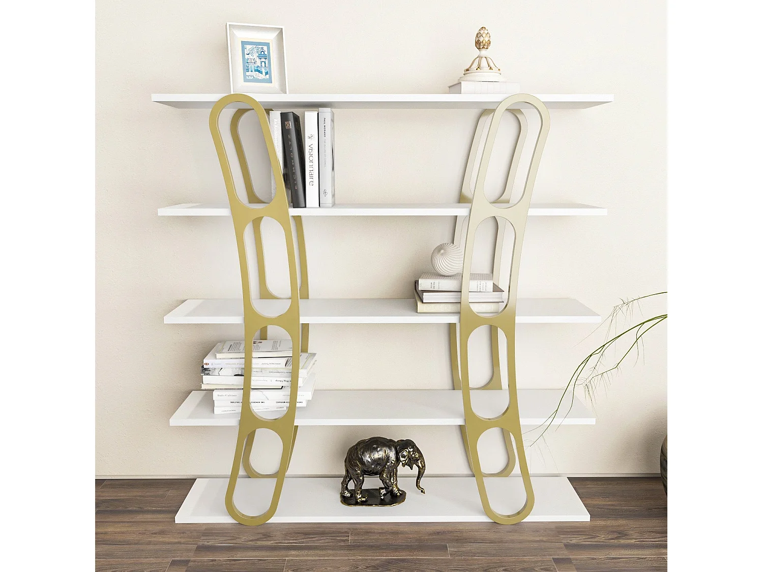Étagère bibliothèque design Fortin H120cm Blanc et Or