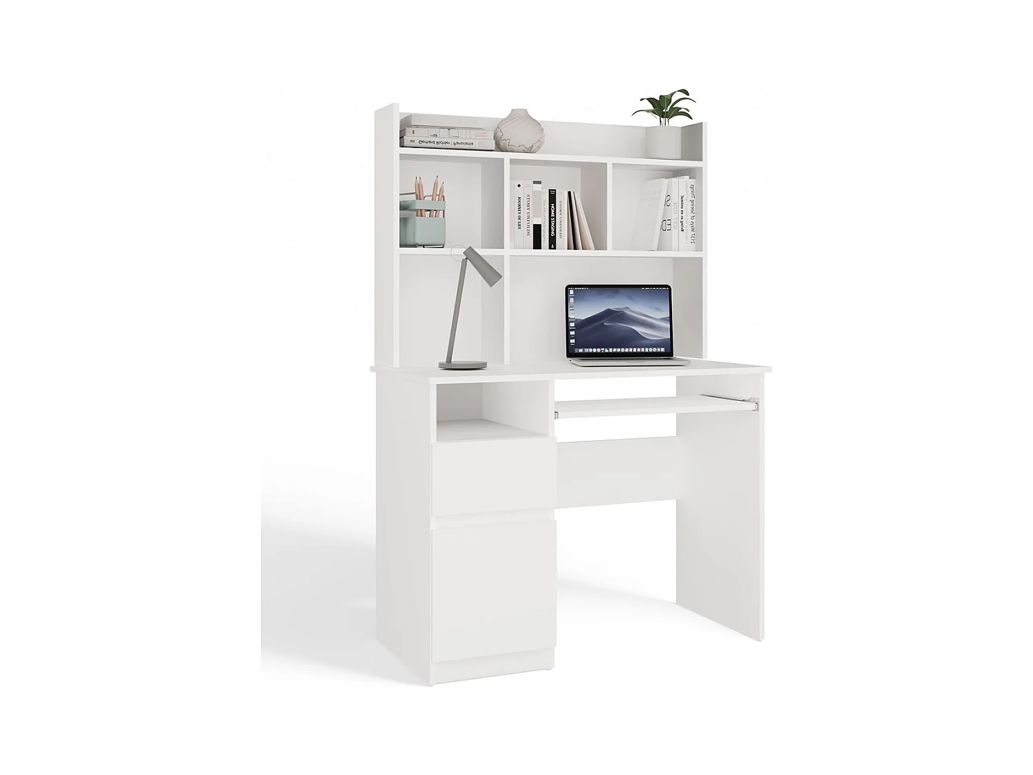 PORTO SINISTRA - Scrivania 98×51×145 cm con 3 cassetti e ripiani, con mensola superiore per ufficio / camera da letto - Bianco