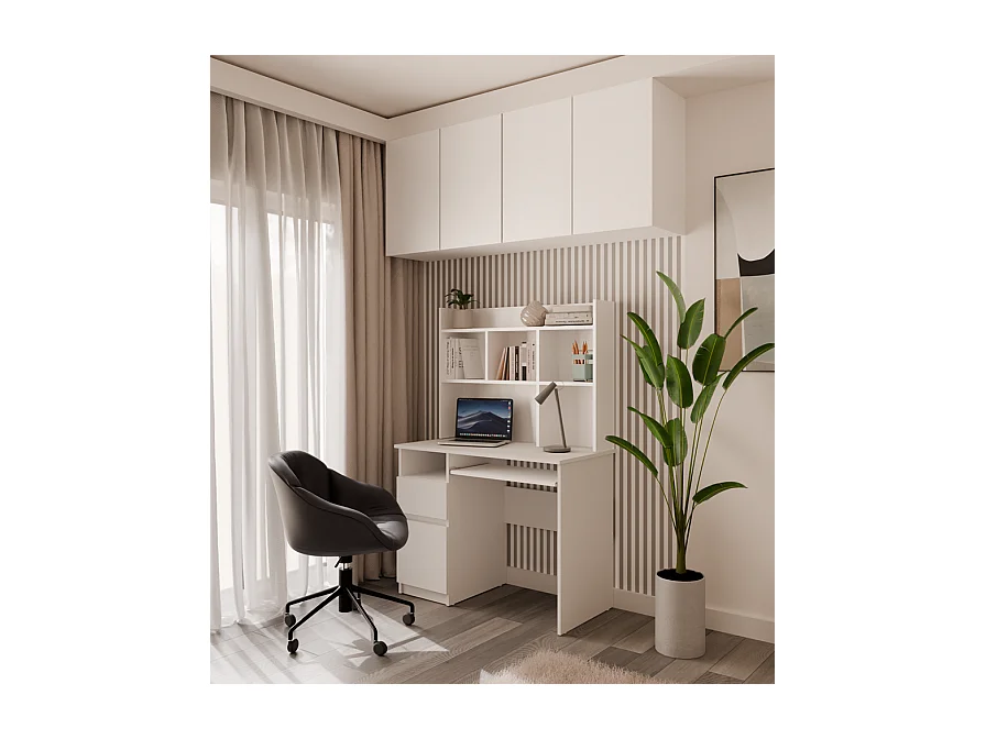 PORTO SINISTRA - Scrivania 98×51×145 cm con 3 cassetti e ripiani, con mensola superiore per ufficio / camera da letto - Bianco